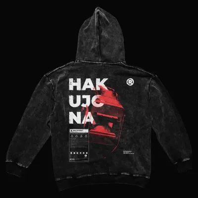 Black acid wash hoodie, back: HAKUJONA in large white letters over a red figure in a welding mask, with a warning label.