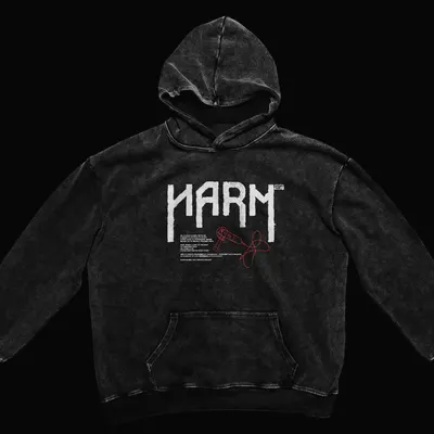 Hoodie front: the HARM logo in white with a small red grinder illustration and fine print.